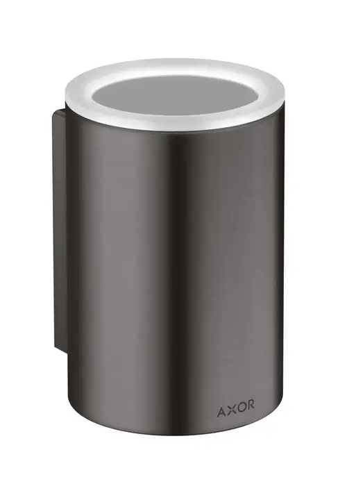 Zahnputzbecher in gebürstetem Schwarzchrom, mit schmalem Halter, von der Marke AXOR. Das Design ist schlicht und funktional.